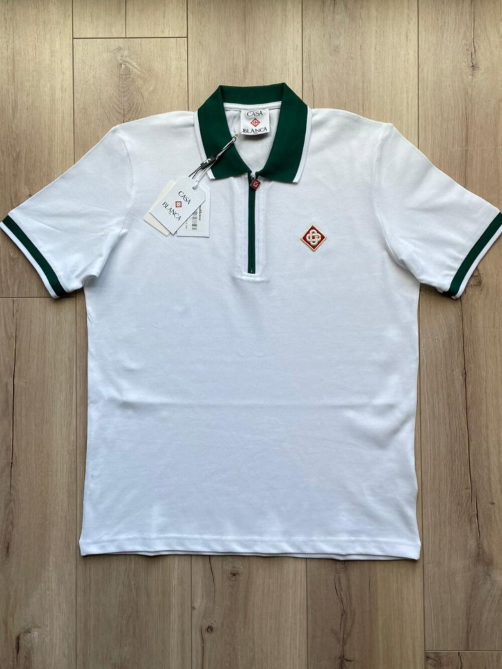 CASABLANCA MEN'S WHITE HALF ZIP COTTON POLO T-SHIRT